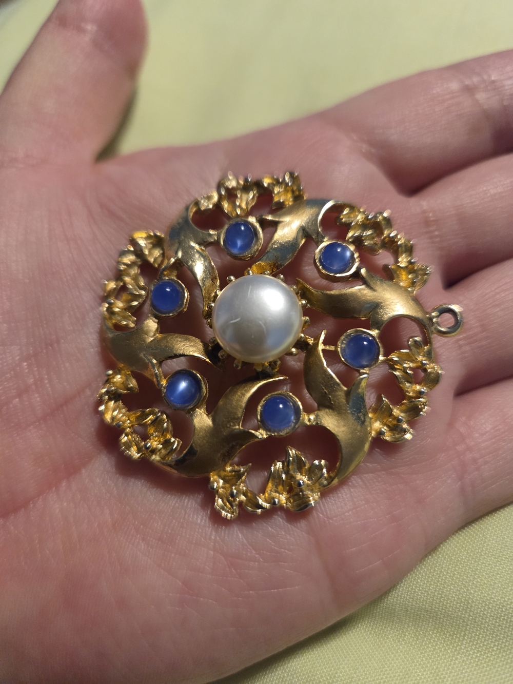 Gold-Tone Pearl and Blue Cabochon Floral Pendant Necklace